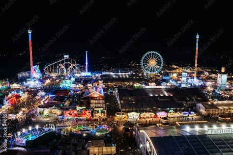 The famous Oktoberfest in Munich (2023), aerial few at night Stock ...