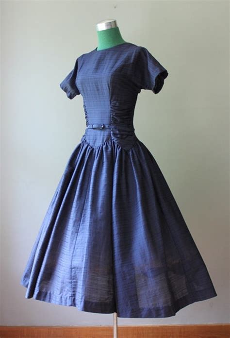 Vintage 1950s Party Dress Ruched Navy Blue 50s By Holliepoint