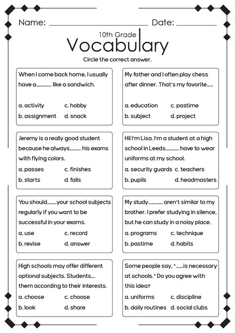 Free High School Vocabulary Worksheet Download Free High School