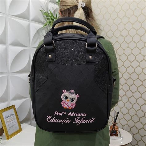 Bolsa Mochila Personalizada Preta Shine Preto Professora Educação