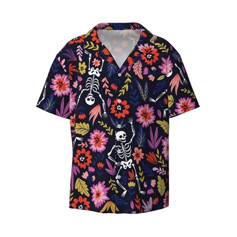 Gaeub Dancing Skeletons Floral Garden Men S Lapel Short Sleeve Shirt Relaxed Fit Shirt Soft