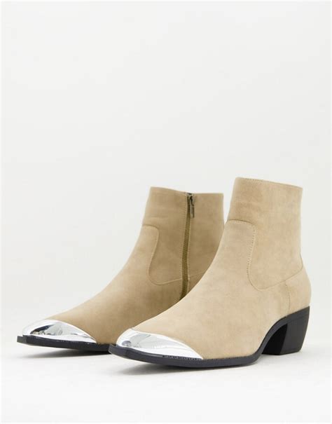 Asos Design Cuban Heel Western Chelsea Boots In Stone Faux Suede With Angular Sole And Metal Toe