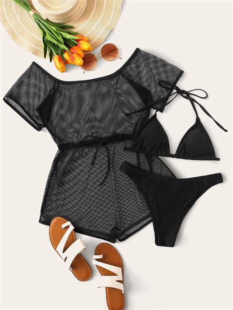 Paquetes Set De Bikini Con Malla Halter Tri Ngulo