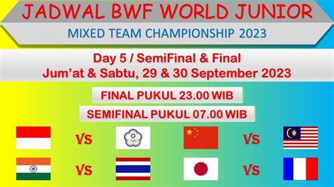 Jadwal Bwf World Junior Mixed Team Championships 2023 │ Day 5