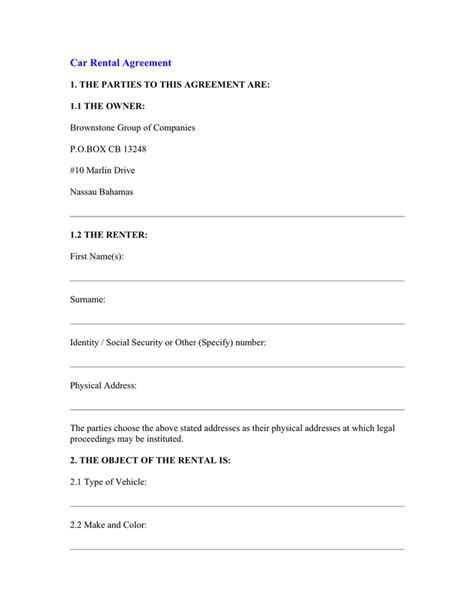 Personal Car Rental Agreement Template