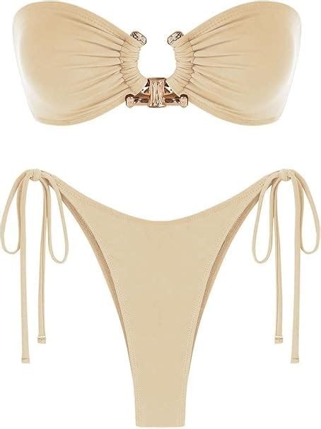 Zaful Women S Bandeau Bikini Shiny Metal Ring Decor Lace Up Tied Side