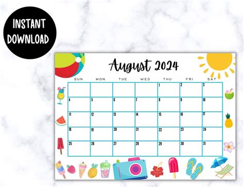 EDITABLE Printable August Calendar 2024 Cute Summer Themed August