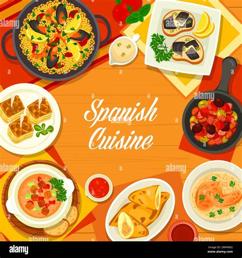 Spanish Cuisine Menu Cover With Food Dishes And Meals Vector Tapas Of