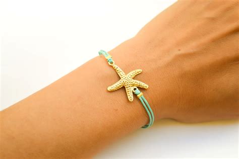 Starfish Bracelet Turquoise Cord Bracelet With A Gold Sea