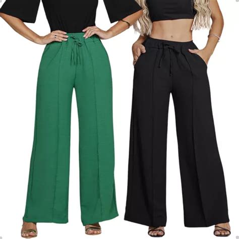 Kit 2 Calça Feminina Pantalona Cintura Alta Cós Largo Duna