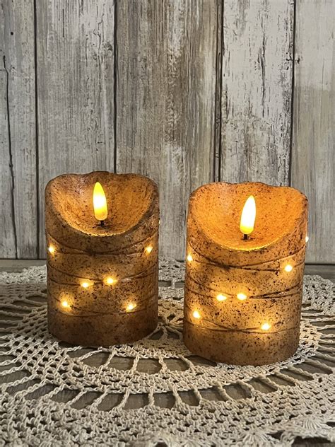 Burnt Ivory Led Wrapped Flicker Flame Timer Pillar Set The