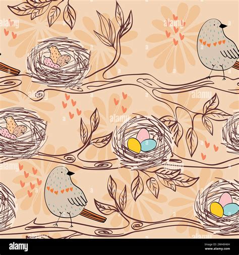 Vector Seamless Pattern With Hand Drawn Birds And Nests Stock Vector