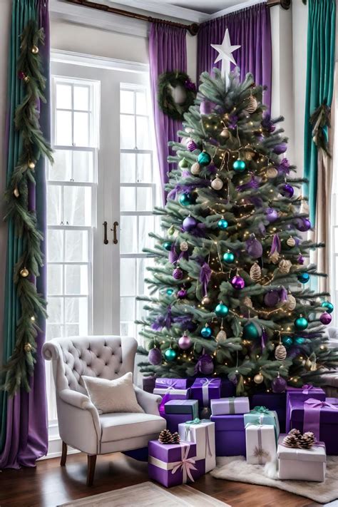 A Decorated Christmas Tree With Purple And Green Ornaments In Front Of