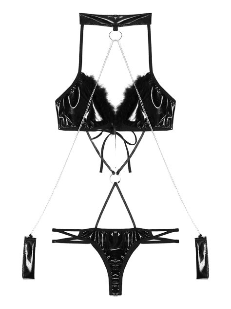 Conjunto De Lingerie De Couro De Patente Feminino Cabresto Rendas Up Tiras De Penas Aparamento