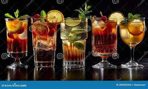 Glasses Of Various Alcoholic Cocktails With Ice Cubes And Dressing On