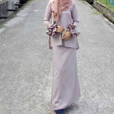 She Ma Baju Kurung Nude Beige Ruffle Raya Set Perempuan Women S Fashion Muslimah Fashion