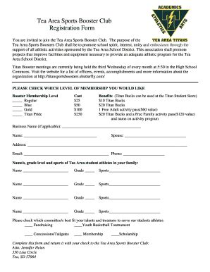 Fillable Online Tea Area Sports Booster Club Registration Form Fax