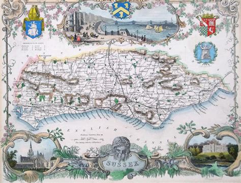 Old Map Of Sussex By Thomas Moule Circa 1850 Coloured