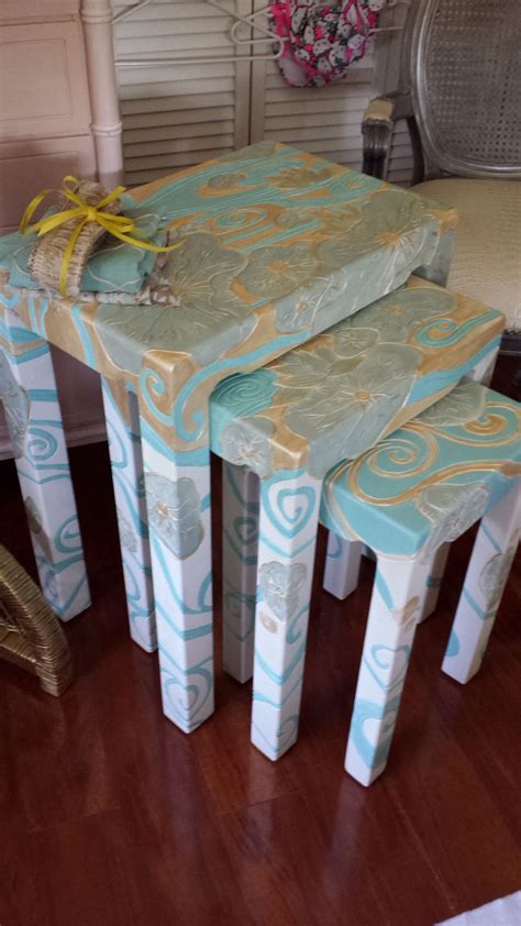 Hand Painted Coastal Nesting Tables Cpk Post Grad Nesting Tables