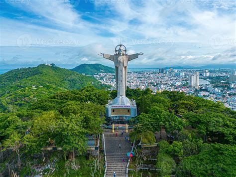 Top view of Vung Tau with statue of Jesus Christ on Mountain . the most