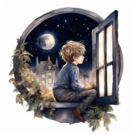 Premium AI Image | A boy looking out of a window at night.