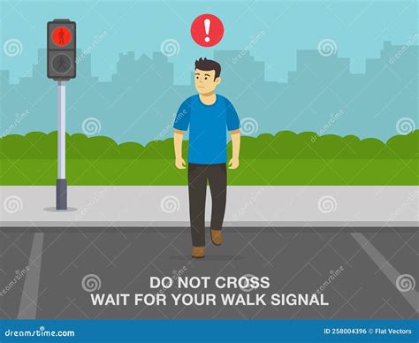 Young Male Character Crossing The Street On A Red Light Do Not Cross