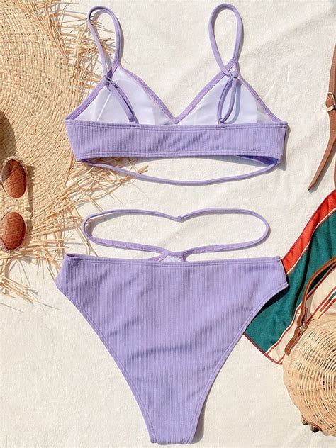Emmiol Kostenloser Versand 2024 Solides Geripptes Bikini Set Lila M Von Bikinis Im Online Shop