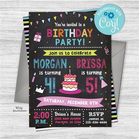 Twin Birthday Invitation Editable Joint Birthday Invitations Double