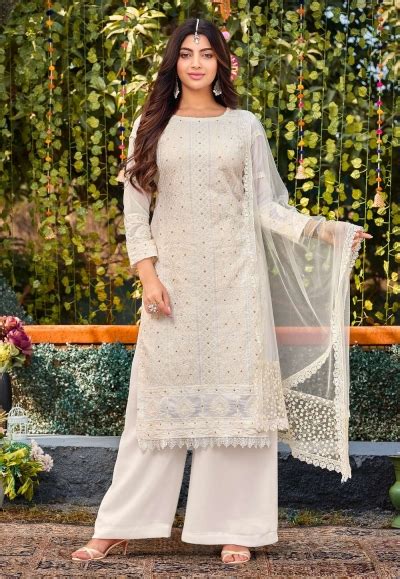 Faux Georgette Pakistani Suit In White Colour