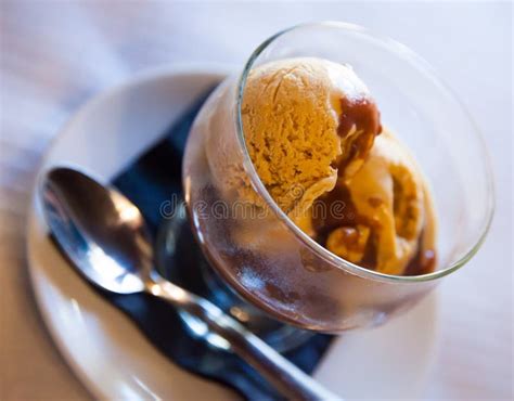 Sweet Tasty Chocolate Ice Cream Served With Hot Chocolate Stock Image Image Of Decorated