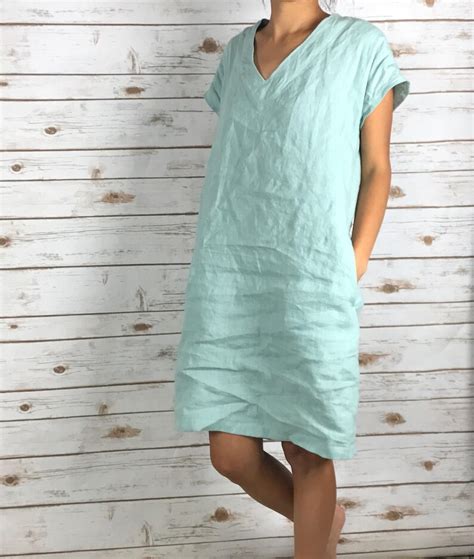 V Neck Linen Dress Shift Dress All Season Dress Washed Etsy