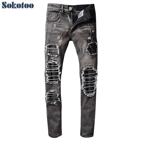 Sokotoo Men S Slim Skinny Motorcycle Pleated Ripped Biker Jeans PU