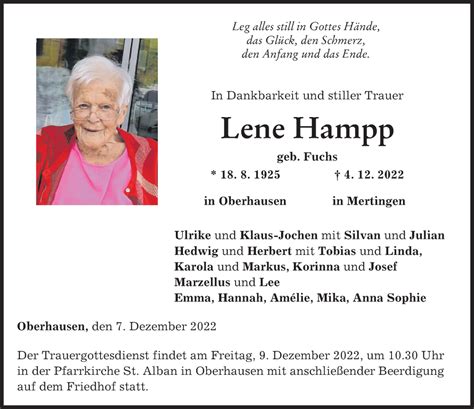 Traueranzeigen Von Lene Hampp Augsburger Allgemeine Zeitung