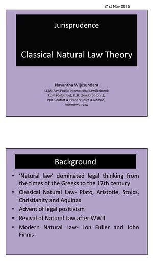 Natural Law Theories Classical Natural Law Theory Plato Aristotle St Augustine St Thomas