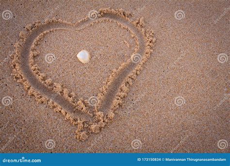 Beautiful Heart Symbol In Beach Sand With Sea Shell In Middle Focus