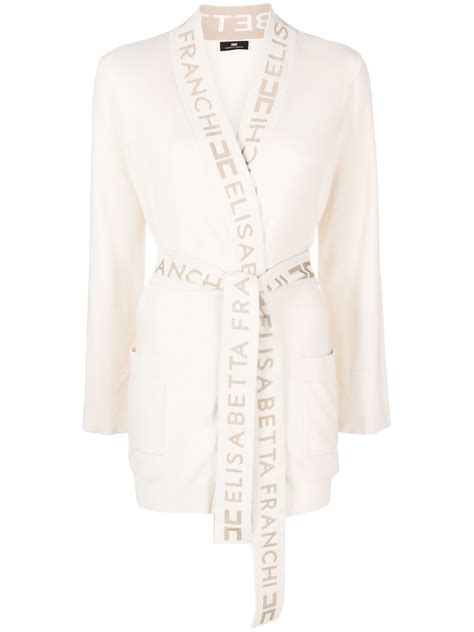 Elisabetta Franchi Belted Logo Tape Cardigan In Nude ModeSens