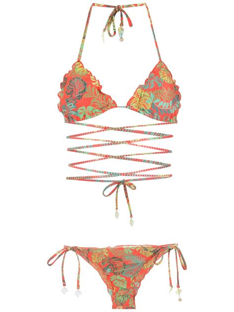 Amir Slama Palm Leaf Print Bikini Red Farfetch Sg