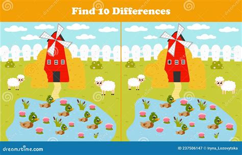 Find Ten Differences Game With Farm Windmill Sheeps And Pond With