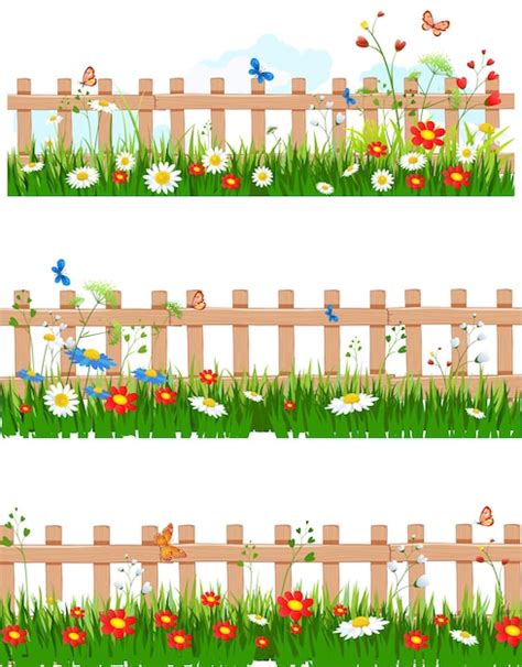 Летняя трава и цветы с заборами | Премиум векторы