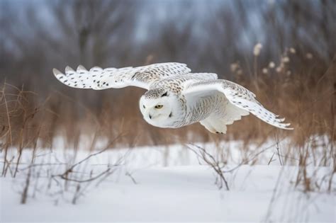 Premium AI Image A Snowy Owl Takes Off From The Ground