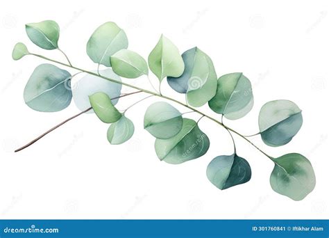 Watercolor Eucalyptus Branch Isolated On White Background Green Floral