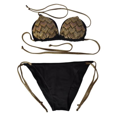 Twinset Triangle Sea Padded Paillettes Black Gold Bikini Made In Italy Luxury