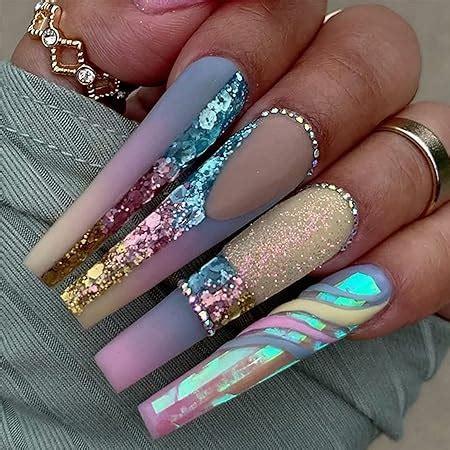 Amazon Votacos Press On Nails Long Coffin Fake Nails Nude False Nails With Golden Design