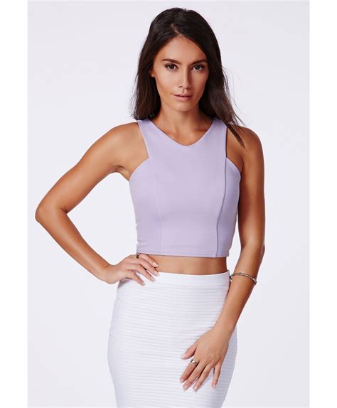 Lyst Missguided Krystyna Lilac Scuba Crop Top With V Neck In Purple