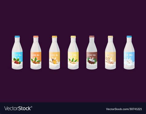 Set Vegan Plant Based Milk Glass Bottle Organic Vector Image