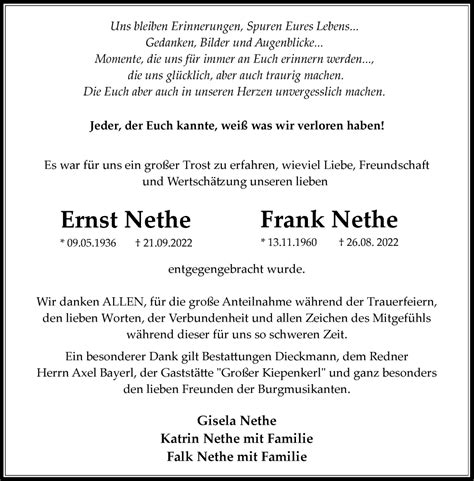 Traueranzeigen von Ernst und Frank Nethe Märkische Onlinezeitung