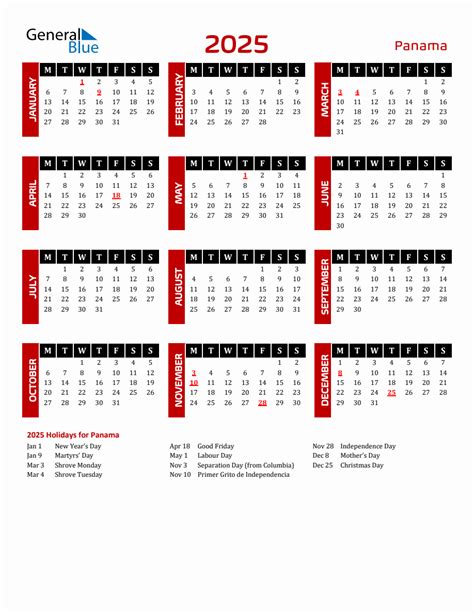 Panama 2025 Yearly Calendar Downloadable