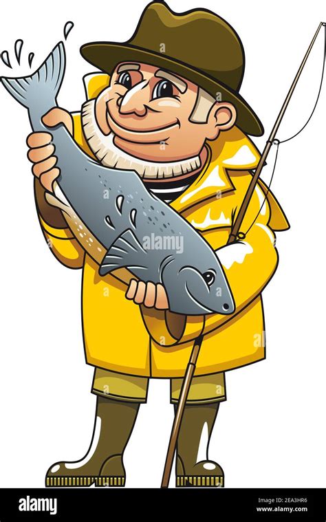 Smiling Fisherman In Cartoon Style Catching A Fish Stock Vector Image