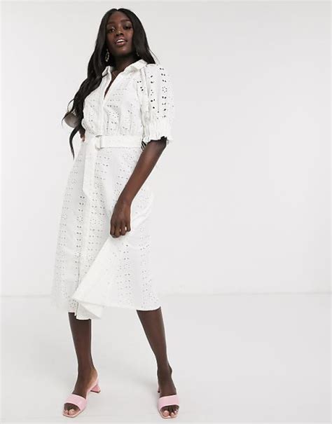 Asos Design Broderie Midi Shirt Dress With Puff Sleeves And D Ring Belt