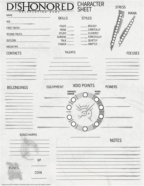 Reformatted The Character Sheet For The Dishonored Rpg Rdishonored